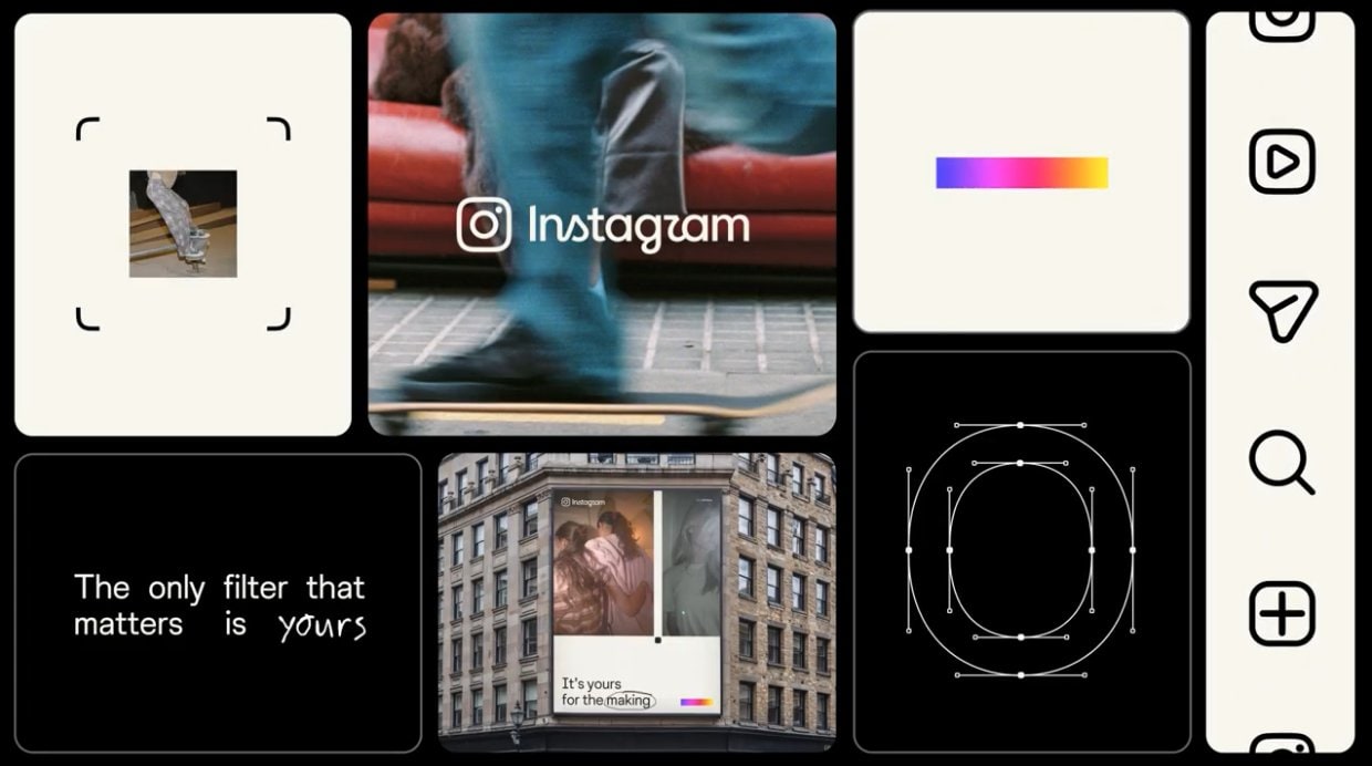 Collage of Instagram brand assets including new wordmark, icons, and skateboard imagery from the rebrand