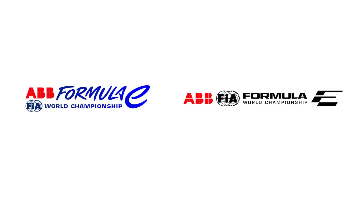 Old vs new Formula E logo: previous script wordmark next to new angled F/E mark