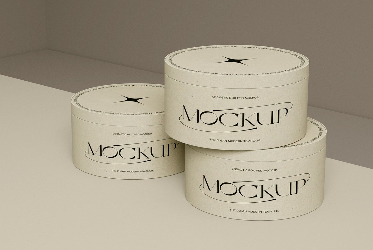 3 Round Cardboard Boxes PSD Mockup by Softulka