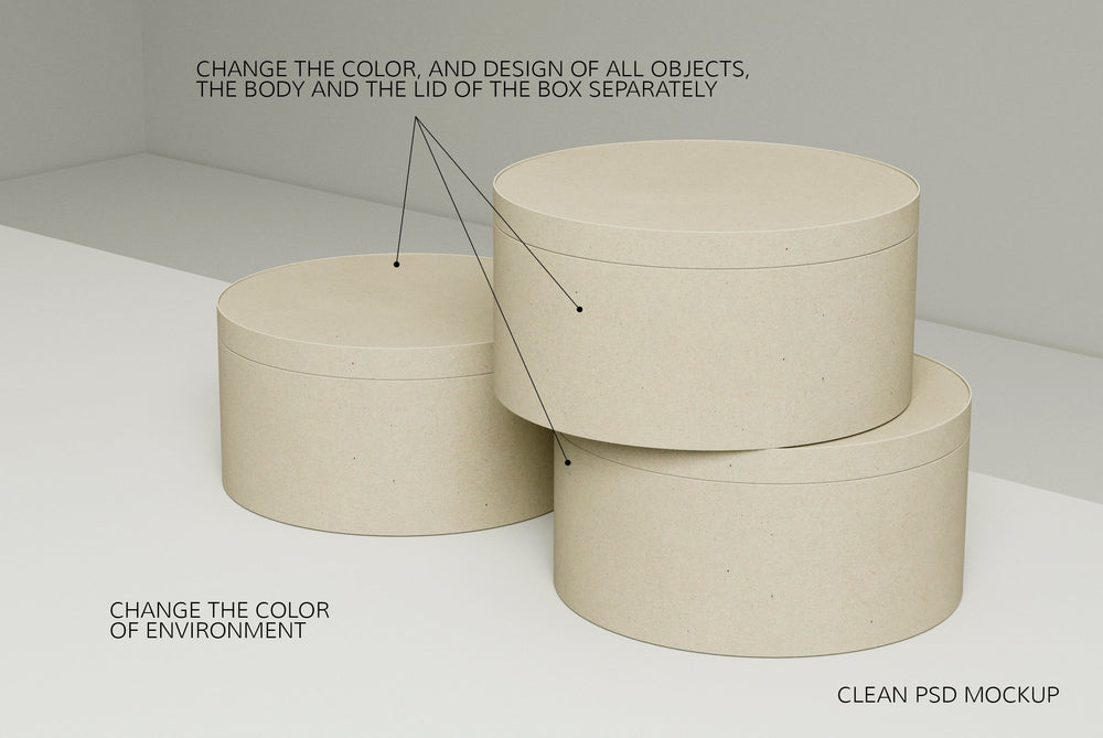 3 Round Cardboard Boxes PSD Mockup by Softulka