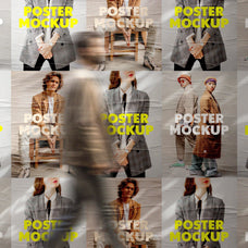Wall With Wrinkled Posters Mockup