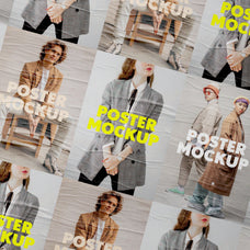 Wall With Wrinkled Posters Mockup