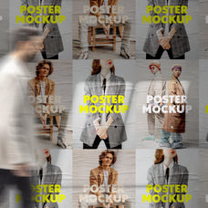 Wall With Wrinkled Posters Mockup
